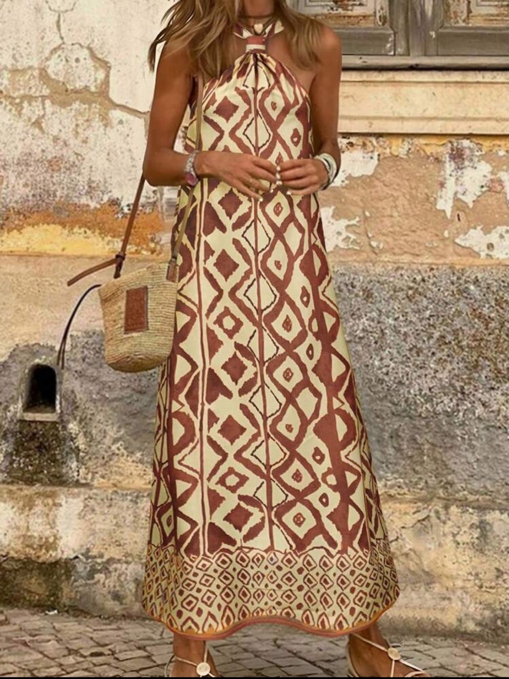 SHEIN Brown and Cream Geometric Spaghetti-Strap Maxi Dress
